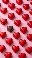 Romantic repeating pattern of red foil-wrapped heart chocolates on a pastel pink surface, featuring a single unwrapped chocolate as a focal point. Perfect for Valentine&rsquo;s Day, love, and romance