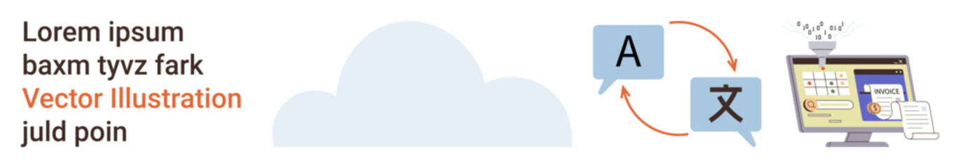 Cloud computing, translation services, digital communication, education tools, language learning, software. A cloud with icons of language translation and a computer screen. s cloud computing © robu_s