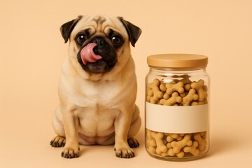 Pug dog shows strong desire for bone shaped pet treats from a glass jar with blank label on a beige background
