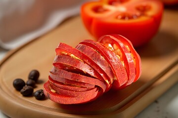 Sliced tomato on cutting board with peppercorns, fresh vegetable for cooking and food preparation