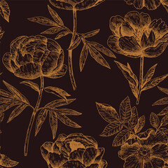 Luxury monochrome seamless pattern with peony flowers. Vector detailed hand-drawn illustration in vintage engraving style.