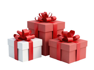 Obraz premium Three gift boxes wrapped in red paper with white details and matching red bows