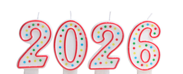 Candles with numbers 2026 isolated on white background. Happy new year.