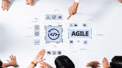 A diverse team engages in a collaborative discussion focused on agile methodology for software development, featuring visual graphics and interactive elements. Raster