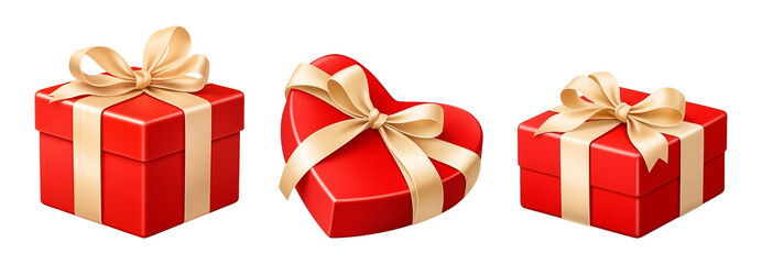 A set of elegant red gift boxes wrapped with golden ribbons. The collection includes classic square boxes and a heart-shaped present.