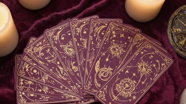 Mystical Ritual: Antique Book, Burning Candles, and Divination Tools on Velvet Fabric &ndash; Esoteric Symbolism and Spiritual Practice.