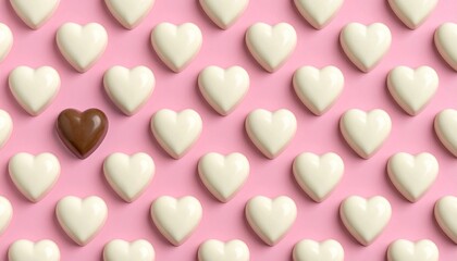 Sweet Valentine&rsquo;s Day Treat Background; White and Dark Heart-Shaped Chocolates on Soft Pink Surface for Romantic Gift Themes