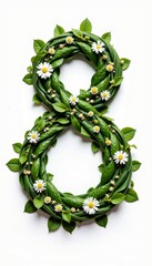 Intricately Woven Greenery Forming an Eight-Shaped Arrangement with Daisies and Lush Leaves on a Pristine White Background