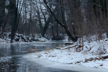 Mała rzeka zimą. Brzegi rzeki porastają krzaki i wysokie drzewa. Ziemię pokrywa warstwa śniegu, powierzchnia rzeki skuta jest lodem. 
