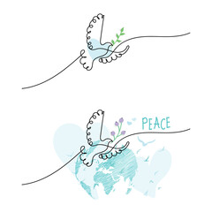International Day of Peace. A set of posters and cards with doves drawn in a single line. Concepts of love, peace, and kindness.