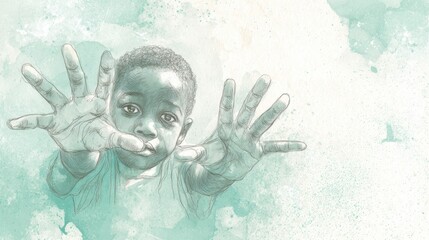 Expressive child reaching out with hands in sketch style art on watercolor background,Children’s Day