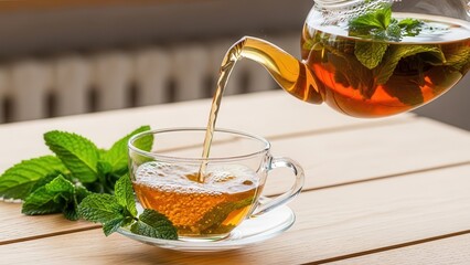 Refreshing mint tea being poured into a glass cup.
