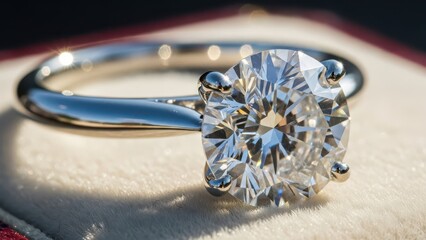 Elegant diamond ring sparkling on a soft cushion.