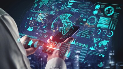 Data center monitoring dashboard visualize network performance, connection status, usage rate, and telecommunication insight. Data center monitoring efficiency improvement network transparency. Thunk