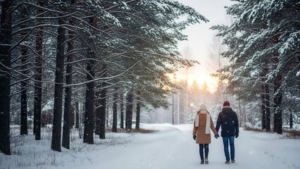 Couple walking hand in hand through a snowy forest.
