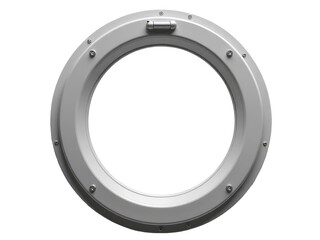 A metal porthole with rivets against a white background