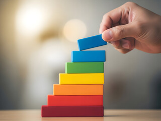 Hand building colorful rainbow wooden blocks staircase representing career growth progress success and step by step achievement concept