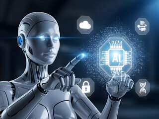 Futuristic robot with AI hologram and digital network representing artificial intelligence technology innovation and future computing
