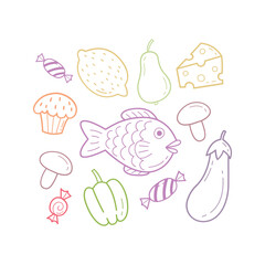 Hand drawn food outline icon set isolated on white background.