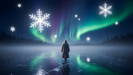 Person walking on ice with aurora borealis and snowflakes overhead