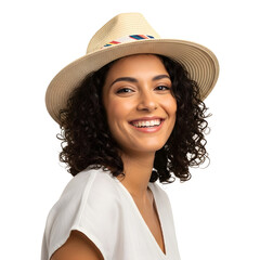 Happy woman with curly brown hair in straw hat smiling joyfully isolated white background lifestyle portrait