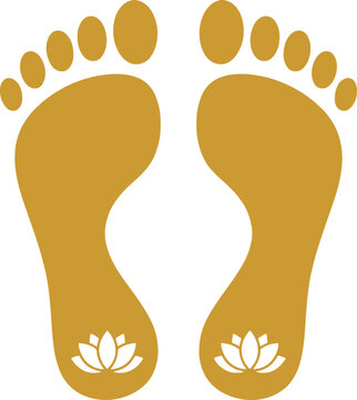 Traditional golden lord rama footprints with white lotus flower symbol for hindu religious festival worship or diwali lakshmi puja celebration design element isolated object icon symbol.
