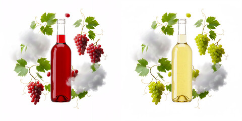 Vibrant composition featuring red and white wine bottles surrounded by grape clusters, vine leaves, and soft clouds. Ideal for beverage, wine, vineyard, celebration, and lifestyle stock use