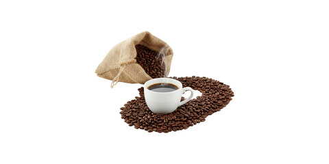 A white coffee cup rests amid a spill of rich brown coffee beans pouring from a burlap sack. 