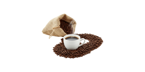 A white coffee cup rests amid a spill of rich brown coffee beans pouring from a burlap sack. 