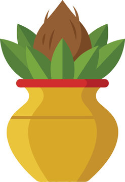 Traditional golden hindu kalash pot with green mango leaves and brown coconut for religious puja festival celebration and spiritual worship ceremony symbol or auspicious ritual icon.