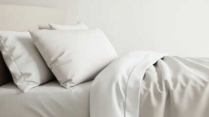Soft white bedding with pillows on a modern minimalist bed  
