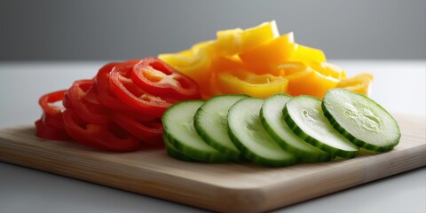 Sliced red peppers, yellow peppers, and cucumber on wooden cutting board