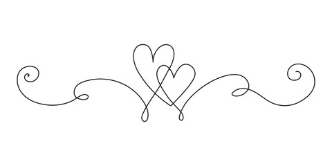 Continuous line heart drawing. One line vector illustration love symbol. Nubes one line. Romantic contour heart, border or divider element. Single heart shape in line art style for wedding