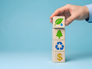 Hand holding wooden blocks with recycling symbol and leaf icon representing eco-friendly sustainability concept