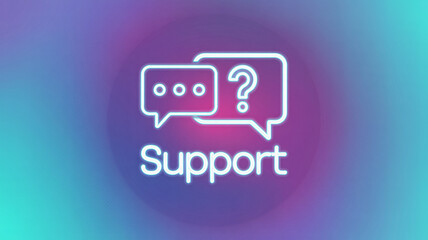 Neon support icon with chat bubbles on gradient background
