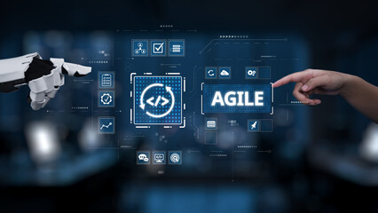 A captivating scene depicting the interaction between a human hand and a robotic hand, illustrating the agile concept within a digital interface, perfect for technology themes. Synapse