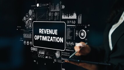 Businesswoman Analyzing Data Charts and Revenue Optimization Strategy on a Digital Interface. Asymptotic smart data analytic.