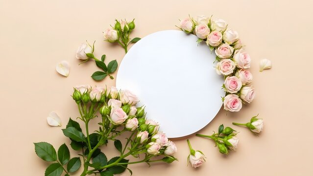 Floral arrangement with white oval frame on beige background for wedding or mother's day