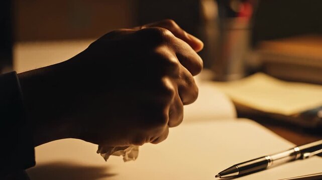 Darkly Lit Hand Gripping Paper and Pen on Desk with Warm Ambient Light