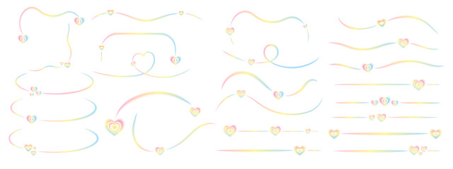 Neon dividers with glowing rainbow hearts and soft blur lines. Romantic Valentine decorations, frames and stickers set. Luminous rainbow vector elements.