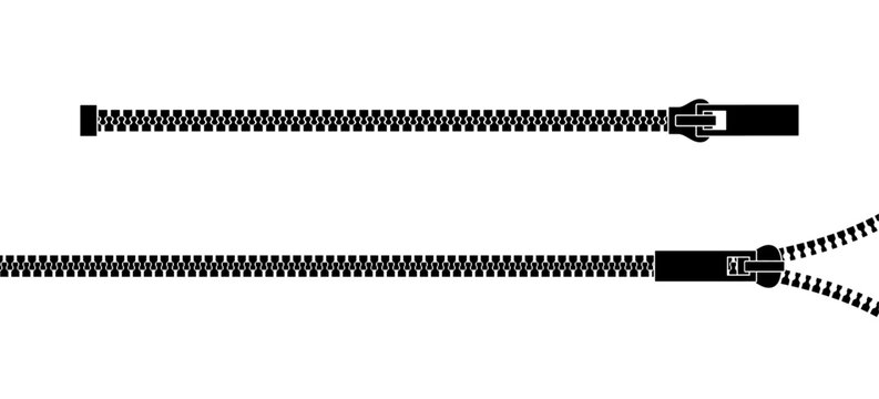 Zipper icon. Zip brush. Fastener pattern. Simple ziper line. Puller closure. Clasp with teeth. Black abstract buckle isolated on white background. Pull to the side. Slider lock. Vector illustration