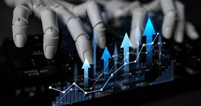 A robotic hand types on a keyboard as digital graphs and arrows depict growth, symbolizing the impact of technology in finance and data analysis. Scalp - Powered by Adobe