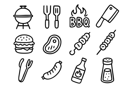 Bbq and barbecue doodle outline icons set, grill food and outdoor cooking tools, black and white hand drawn line art illustration on white background