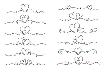 Continuous line heart drawings set. One line vector love symbol set. Nubes one line. Romantic contour heart, border or divider elements collection. Single heart shape in line art style for wedding