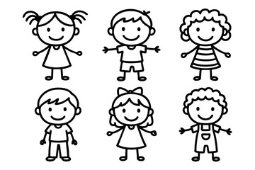 Children and kids doodle outline characters set, happy boy and girl cartoon figures, black and white hand drawn line art illustration