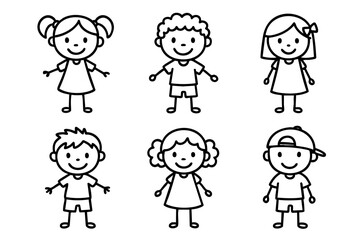 Children and kids doodle outline characters set, happy boy and girl cartoon figures, black and white hand drawn line art illustration