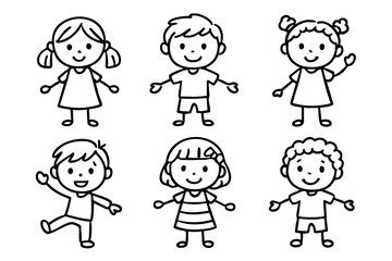Children and kids doodle outline characters set, happy boy and girl cartoon figures, black and white hand drawn line art illustration