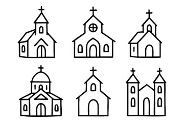Christian church doodle outline icons set, religious buildings and faith symbols, black and white hand drawn line art illustration