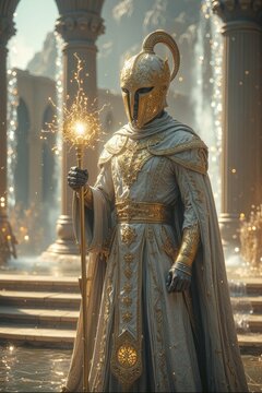 Heroic Knight in Ornate Golden Armor Holding a Glowing Staff
