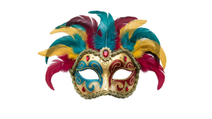 Vibrant Venetian masquerade mask with colorful feathers